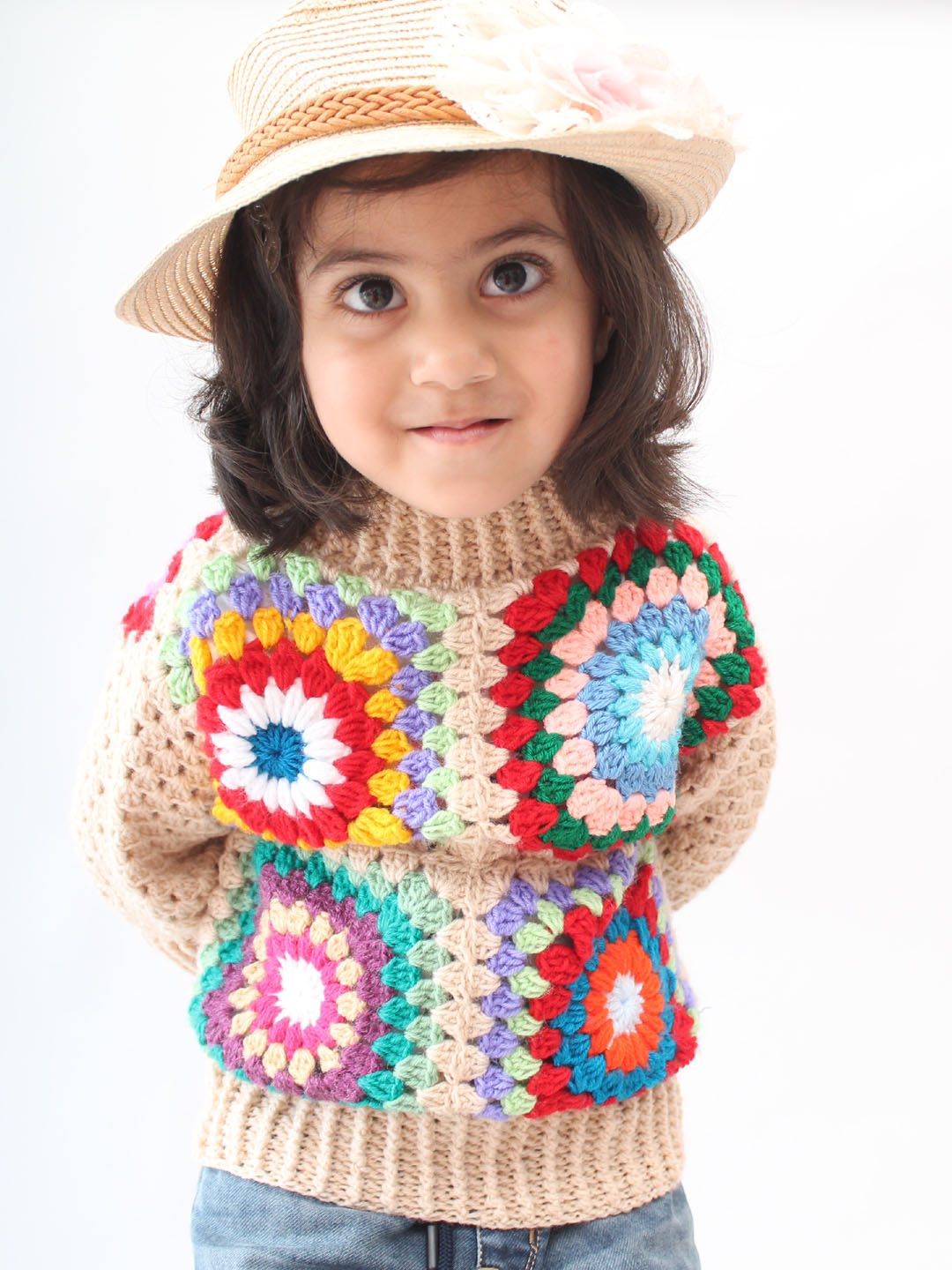 Handmade Crochet Granny Square Sweater for Infants - Beige