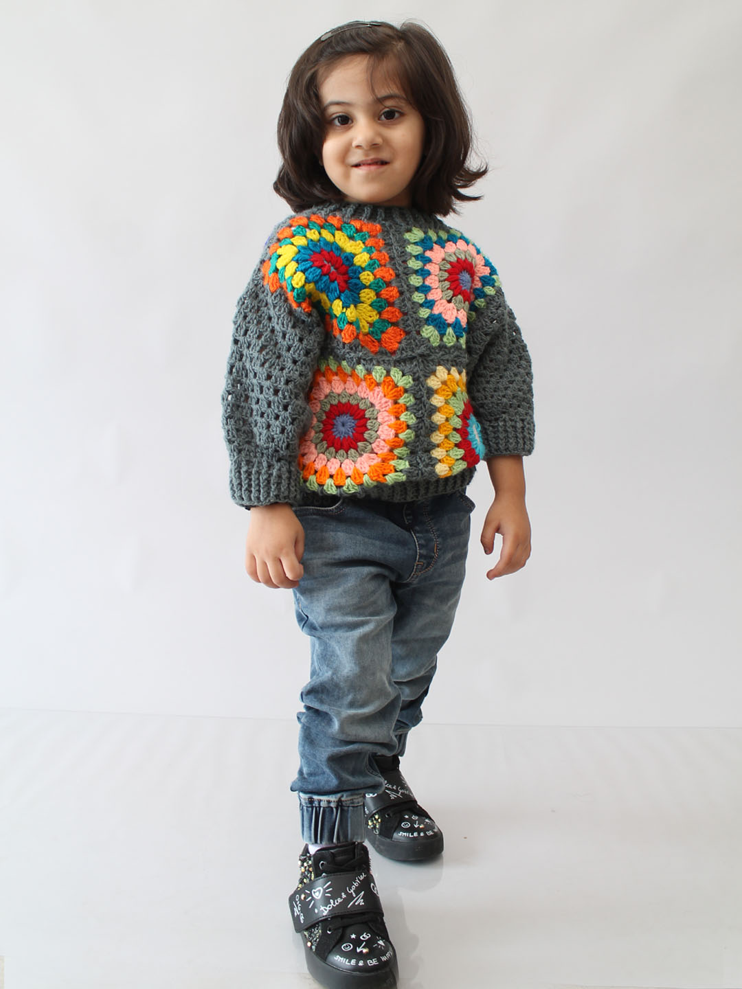 Handmade Crochet Granny Square Sweater for Infants - Grey