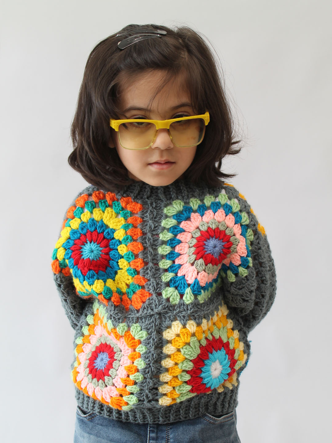Handmade Crochet Granny Square Sweater for Infants - Grey