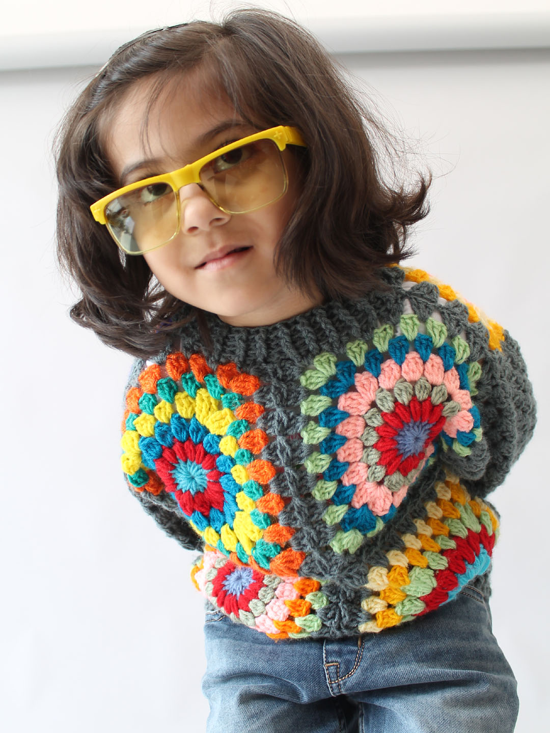 Handmade Crochet Granny Square Sweater for Infants - Grey