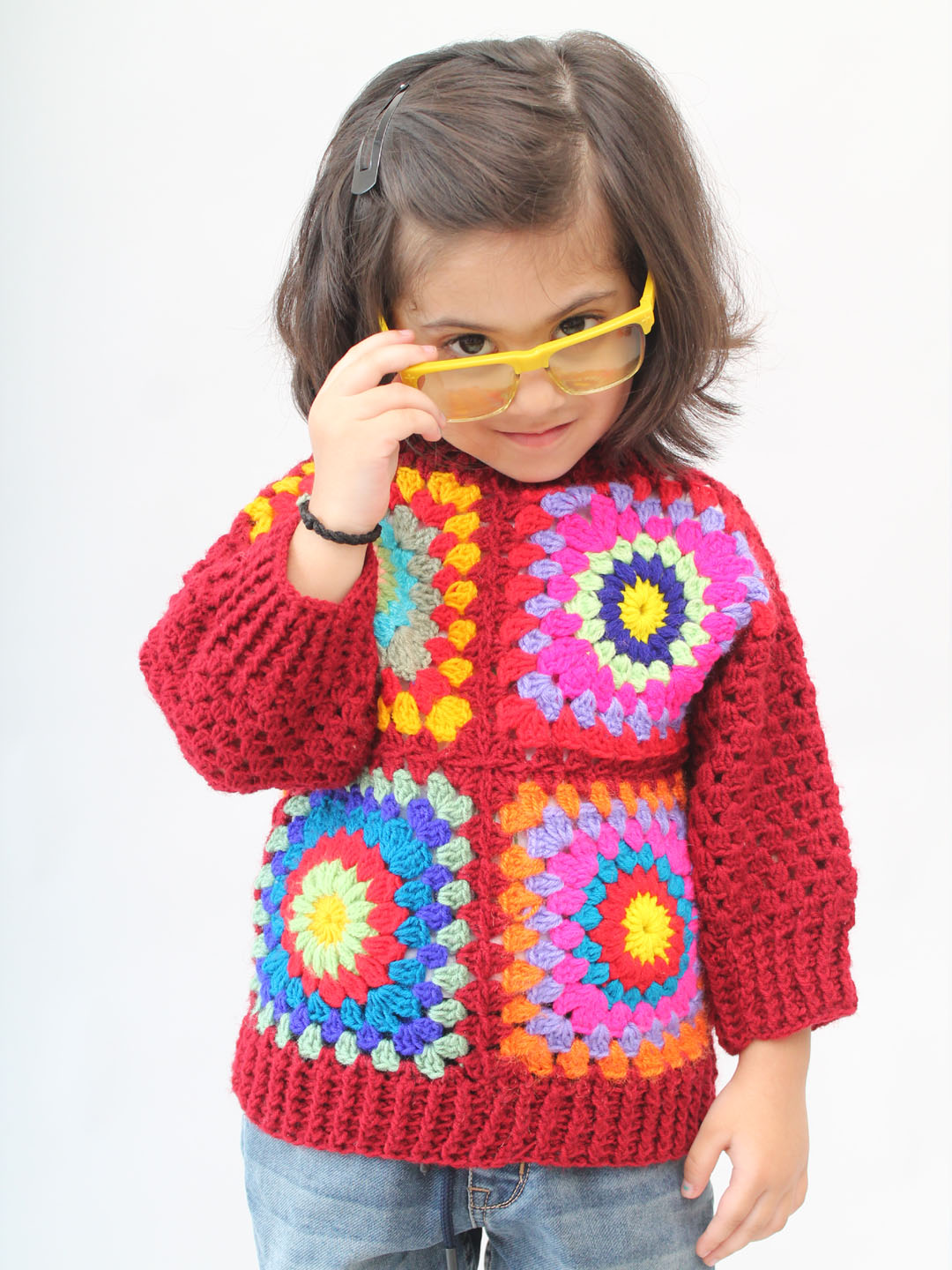 Handmade Crochet Granny Square Sweater for Infants - Maroon