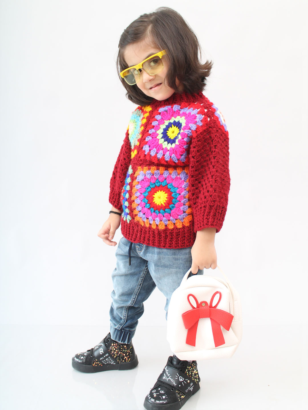 Handmade Crochet Granny Square Sweater for Infants - Maroon