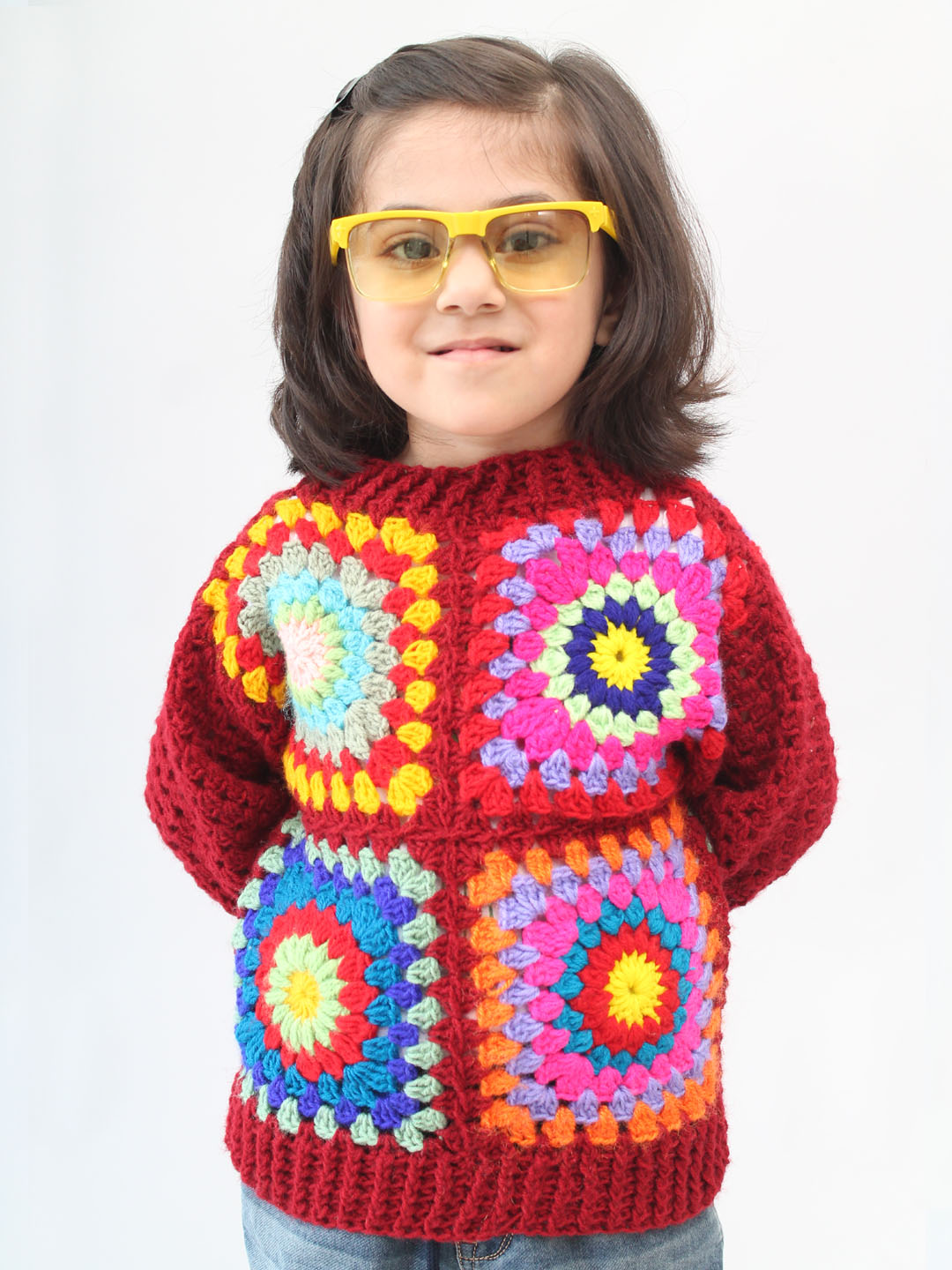 Handmade Crochet Granny Square Sweater for Infants - Maroon