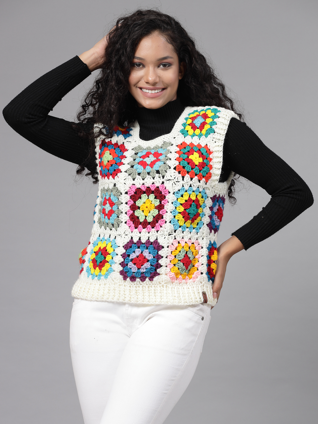 Handmade Crochet Granny Square Sweater Vest - Offwhite