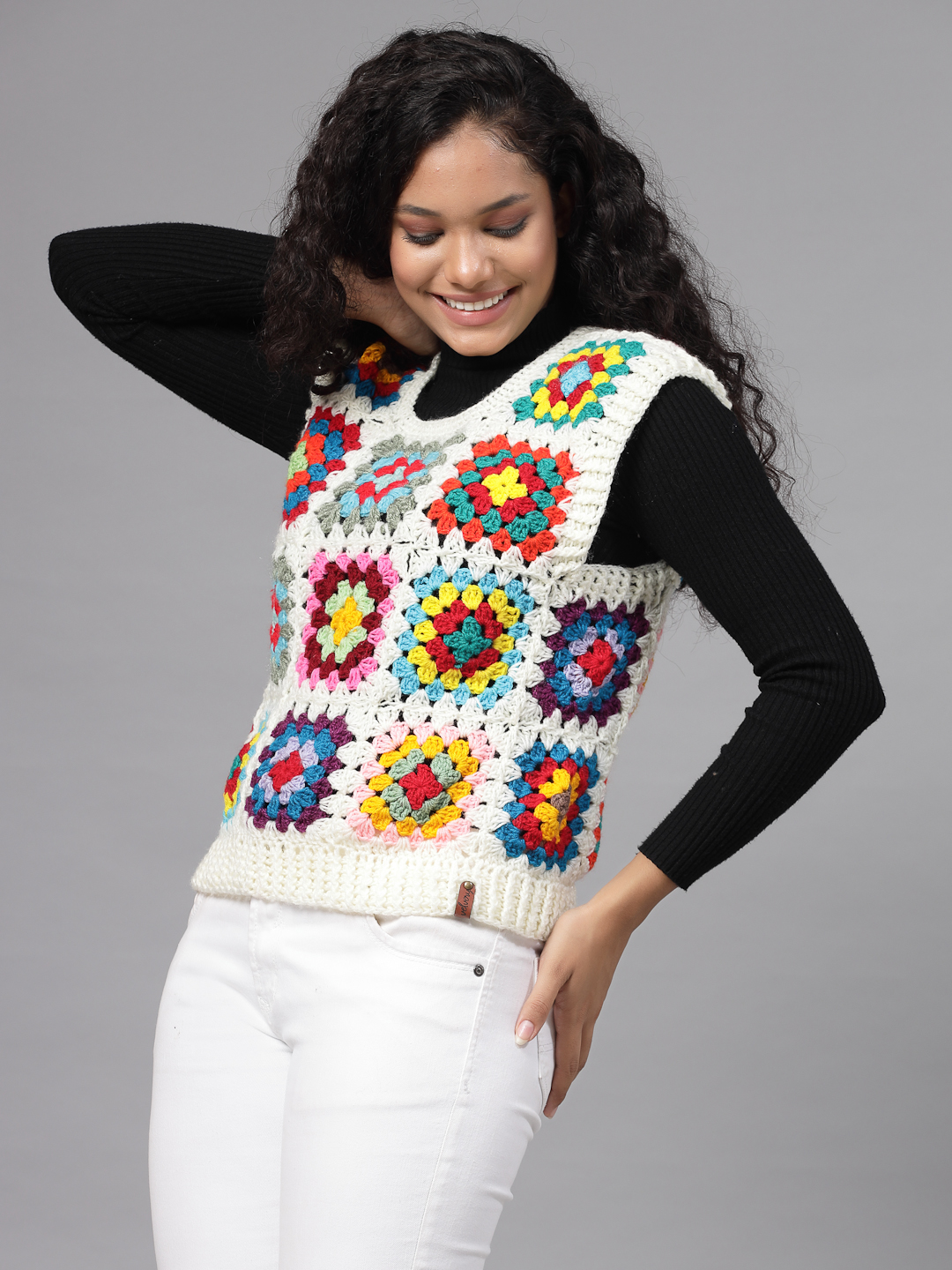 Handmade Crochet Granny Square Sweater Vest - Offwhite