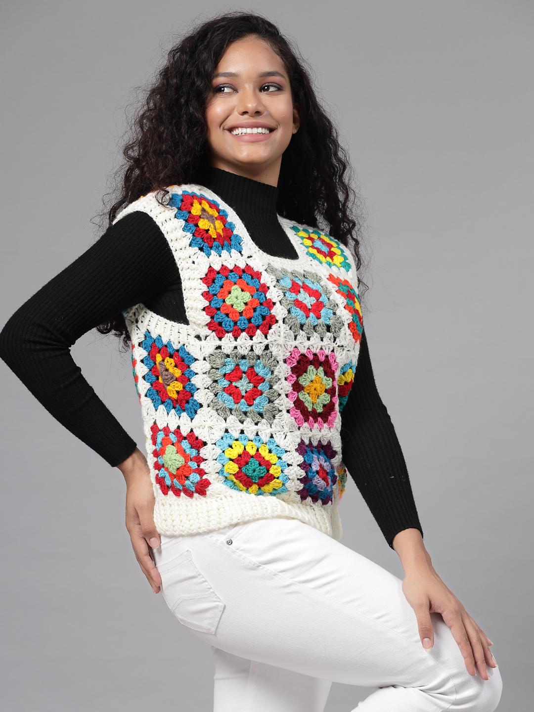 Handmade Crochet Granny Square Sweater Vest - Offwhite