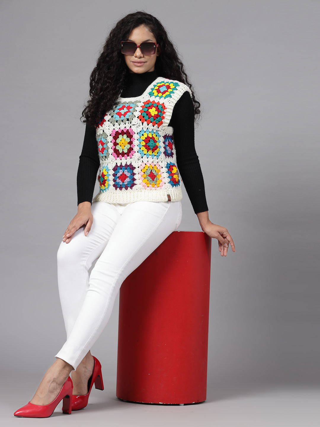 Handmade Crochet Granny Square Sweater Vest - Offwhite