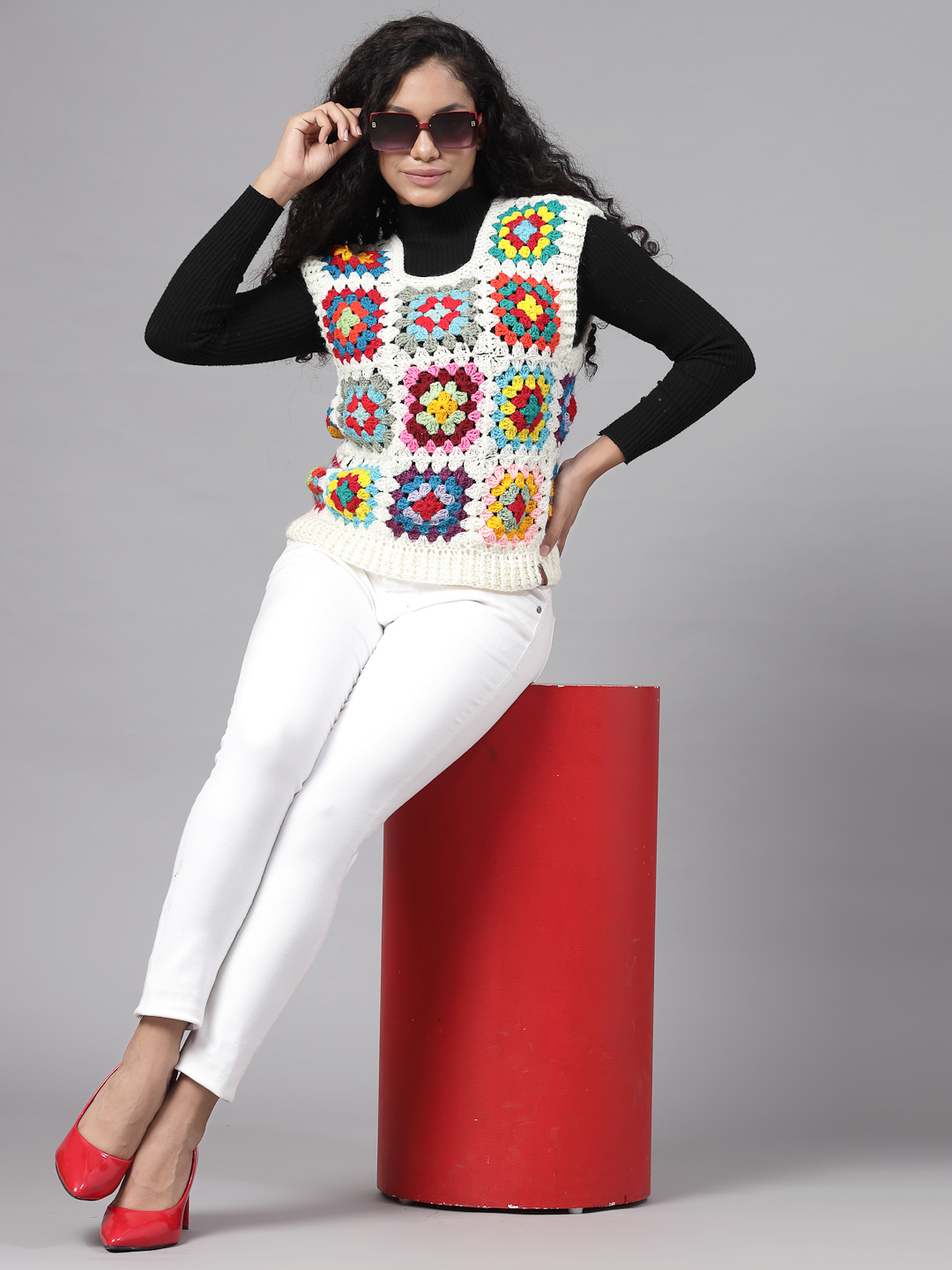 Handmade Crochet Granny Square Sweater Vest - Offwhite