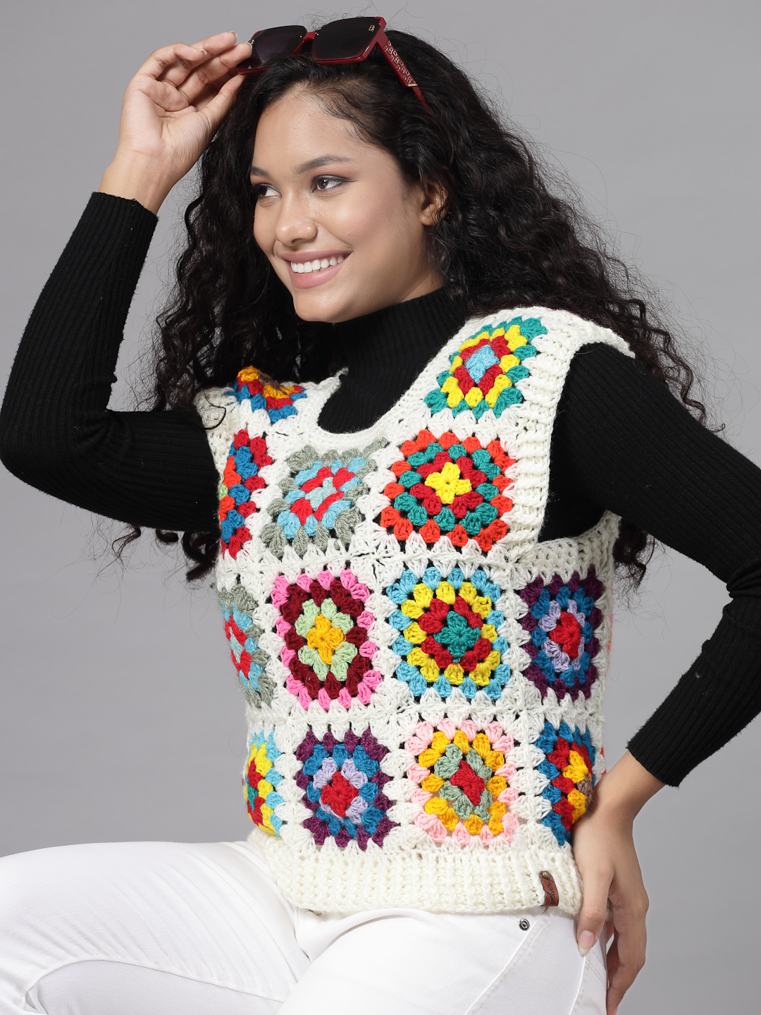 Handmade Crochet Granny Square Sweater Vest - Offwhite