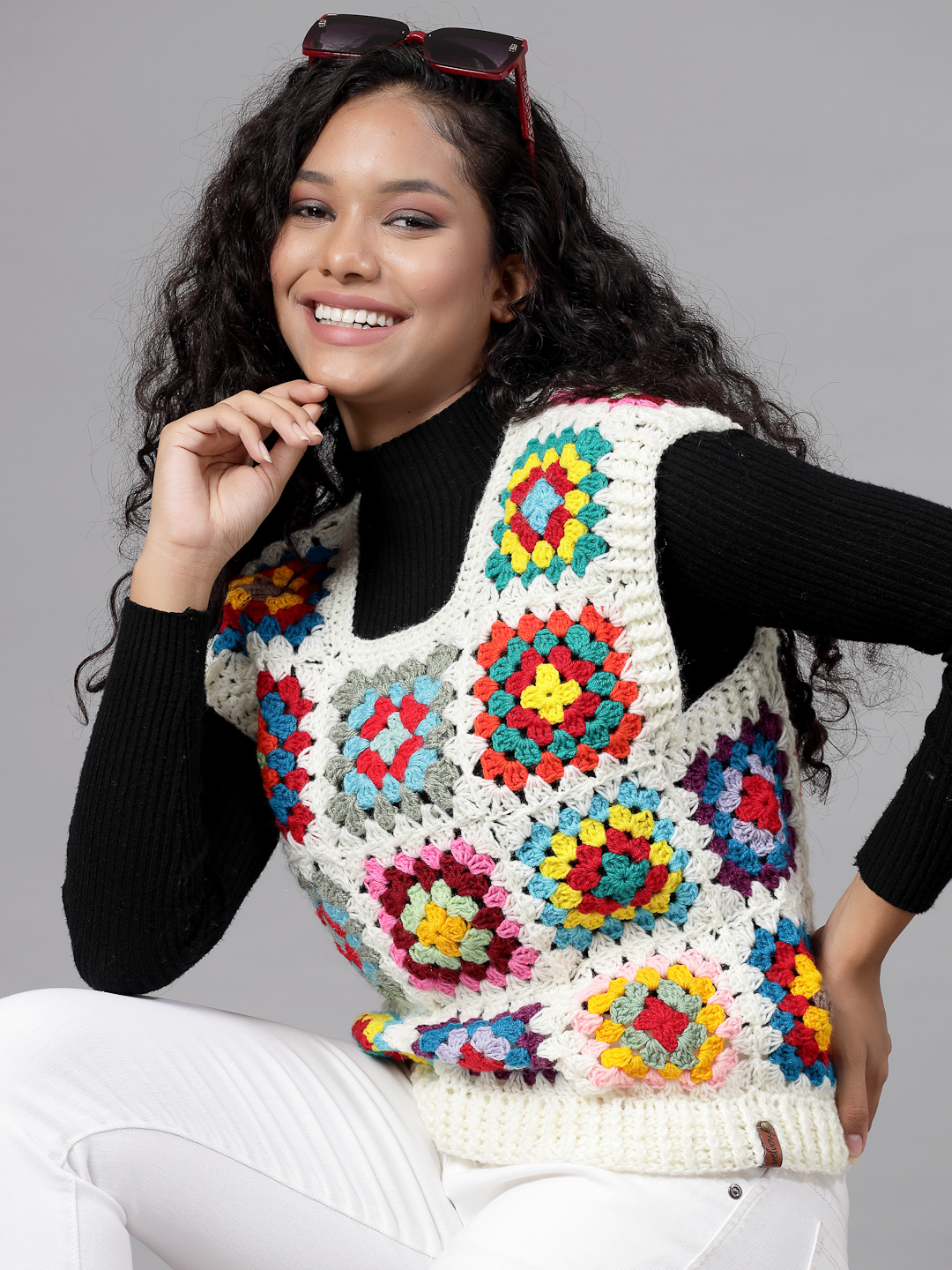 Handmade Crochet Granny Square Sweater Vest - Offwhite