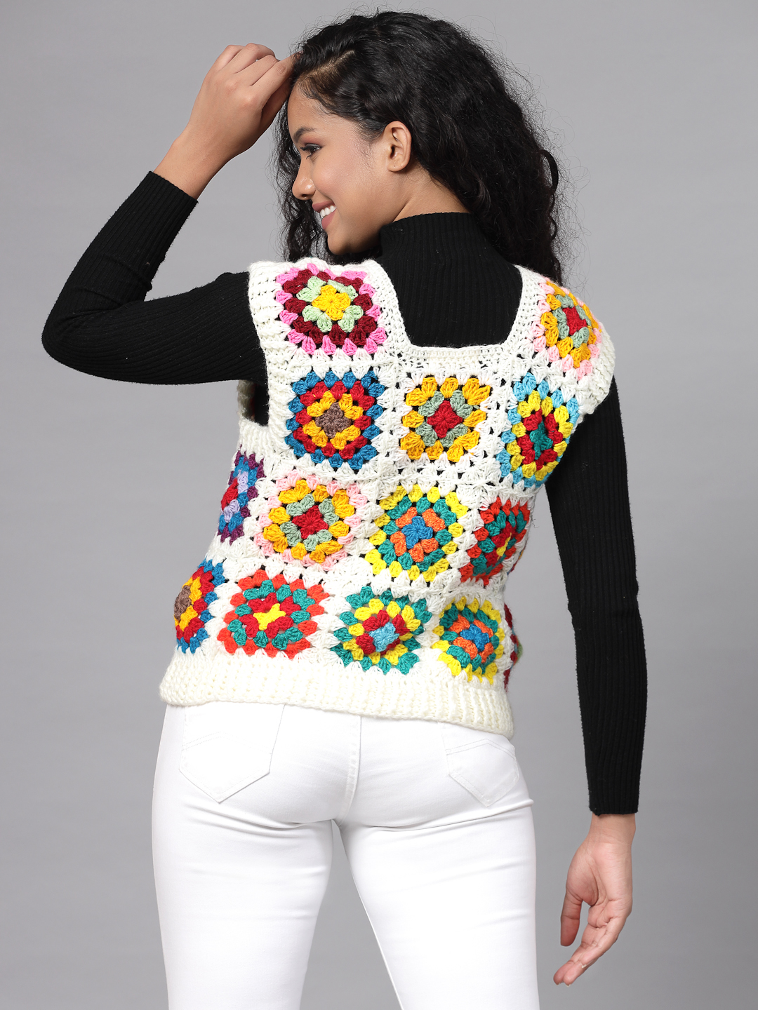 Handmade Crochet Granny Square Sweater Vest - Offwhite