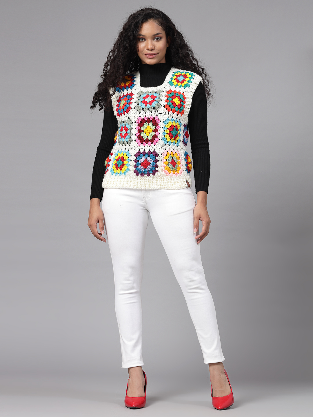 Handmade Crochet Granny Square Sweater Vest - Offwhite