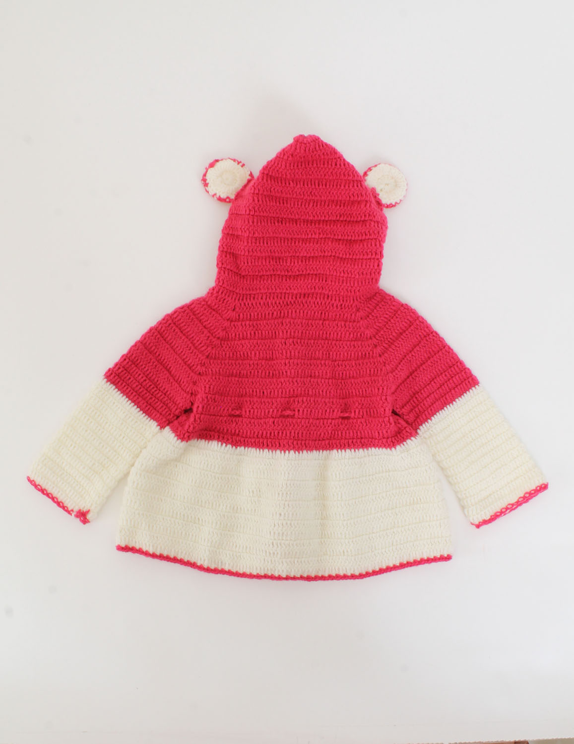 Handmade Crochet Hoodie Sweater With Pink Ears - Offwhite