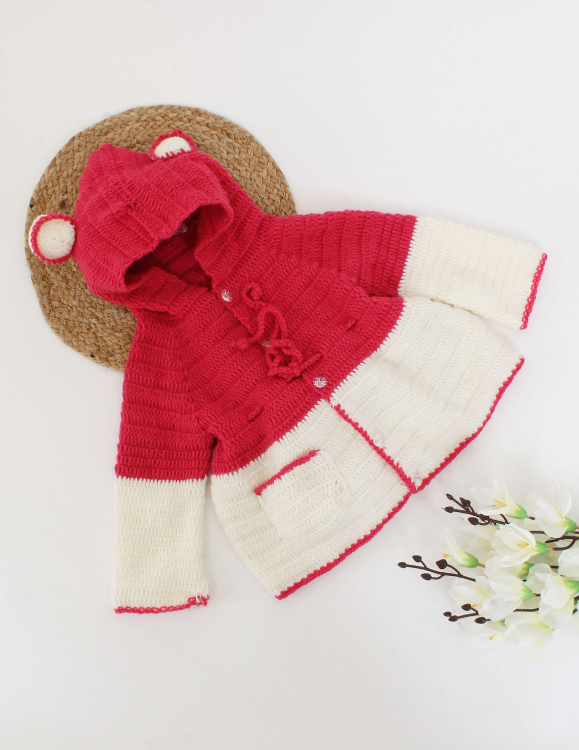 Handmade Crochet Hoodie Sweater With Pink Ears - Offwhite
