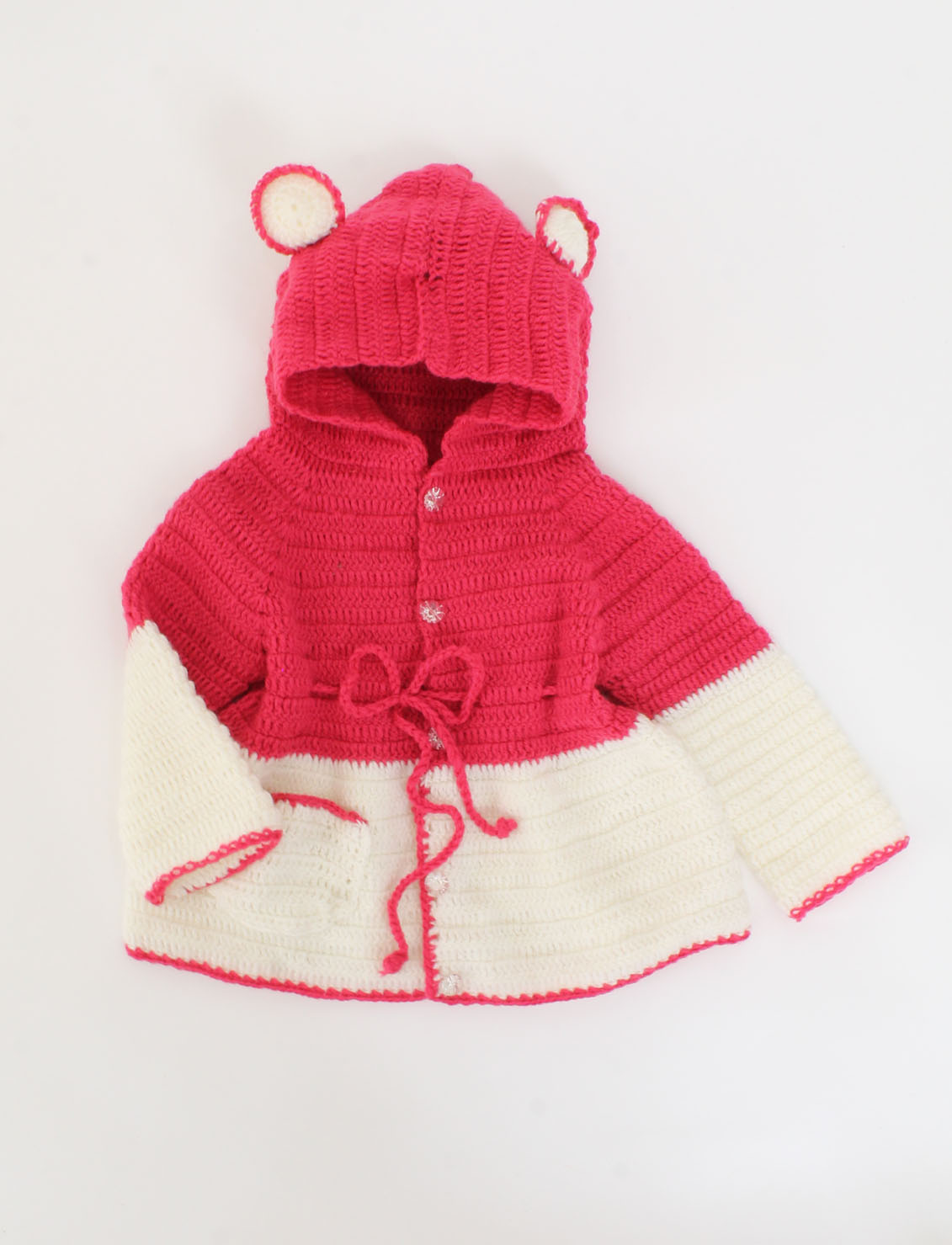 Handmade Crochet Hoodie Sweater With Pink Ears - Offwhite