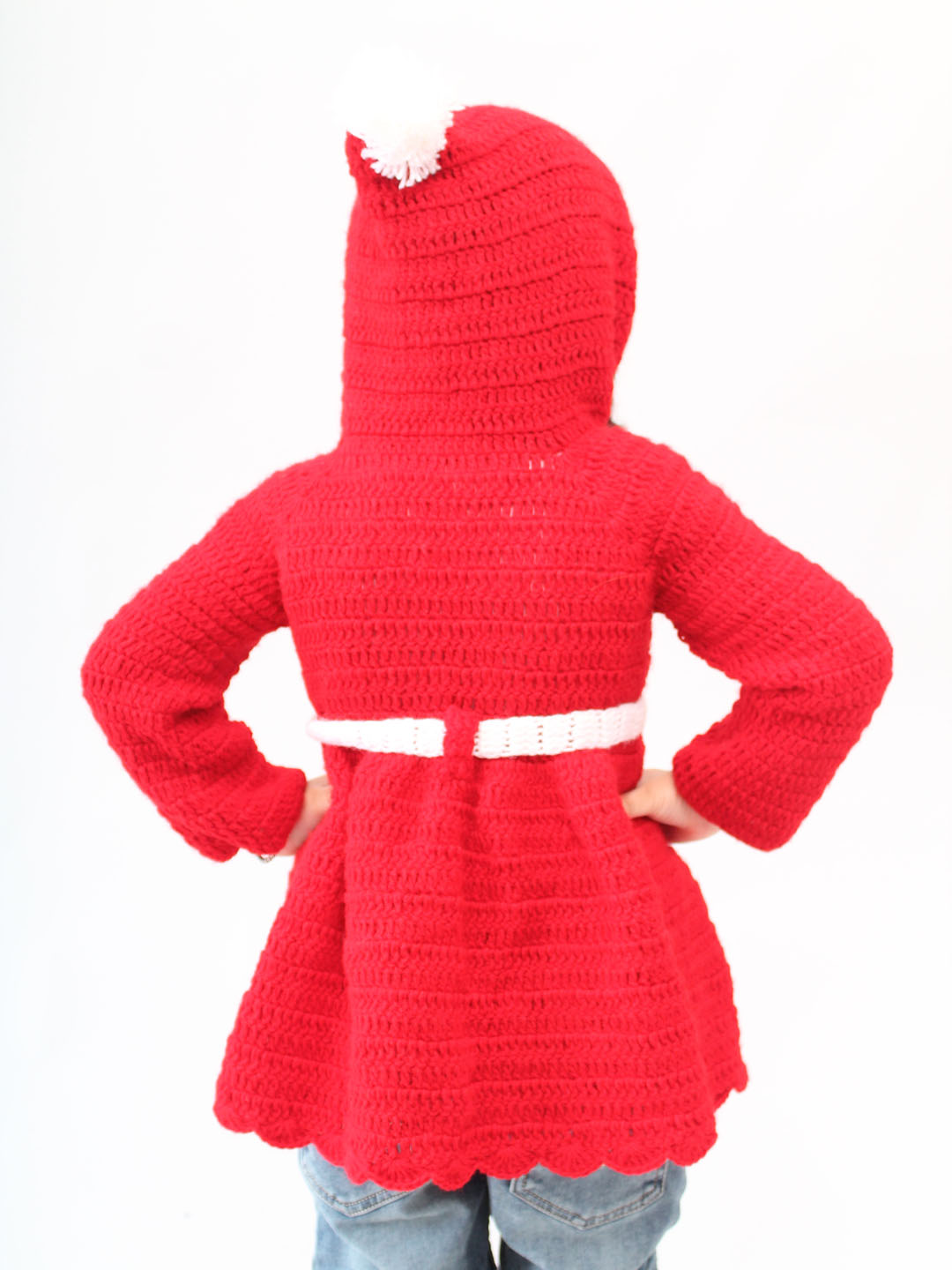 Handmade Crochet Ice-cream Dress with Hooded Pom Pom - Red