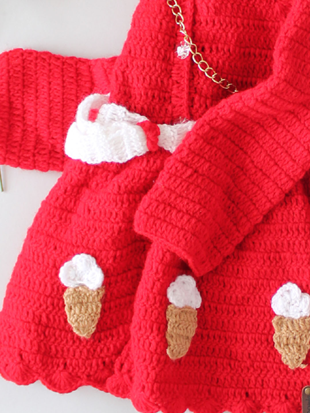 Handmade Crochet Ice-cream Dress with Hooded Pom Pom - Red
