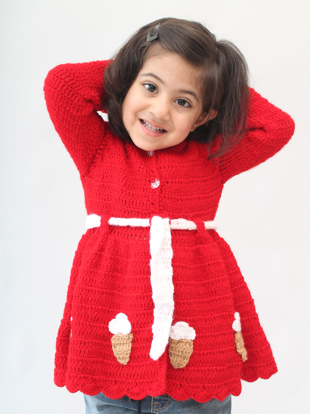 Handmade Crochet Ice-cream Dress with Hooded Pom Pom - Red