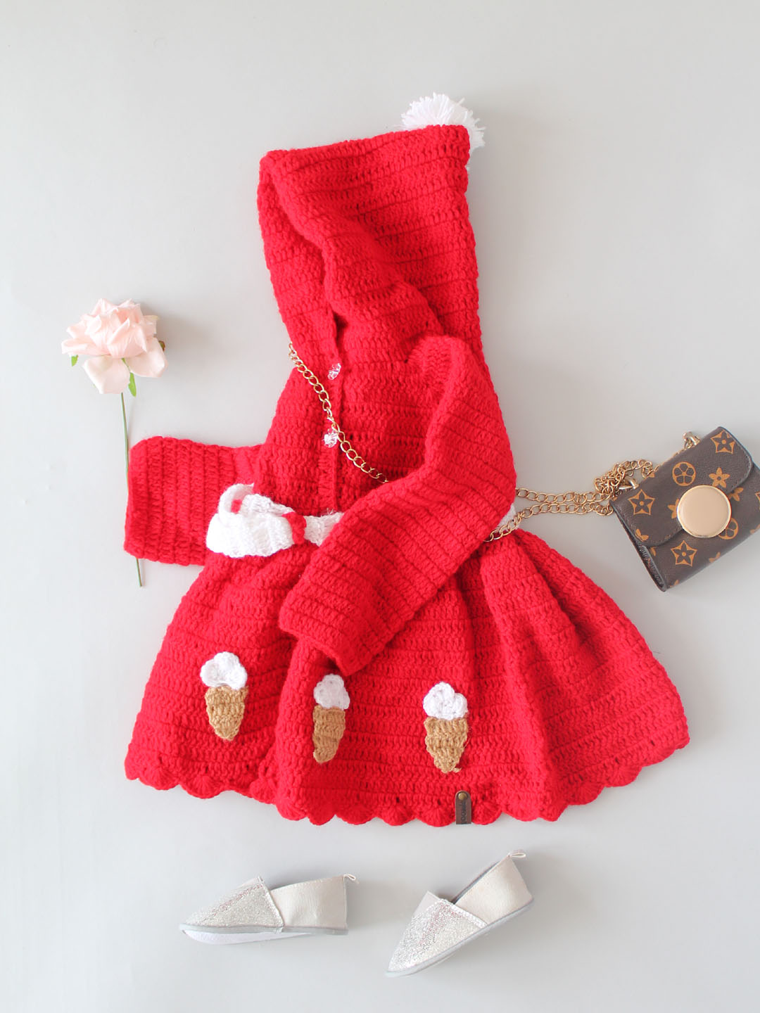 Handmade Crochet Ice-cream Dress with Hooded Pom Pom - Red