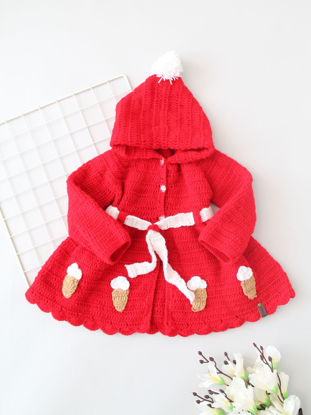 Handmade Crochet Ice-cream Dress with Hooded Pom Pom - Red