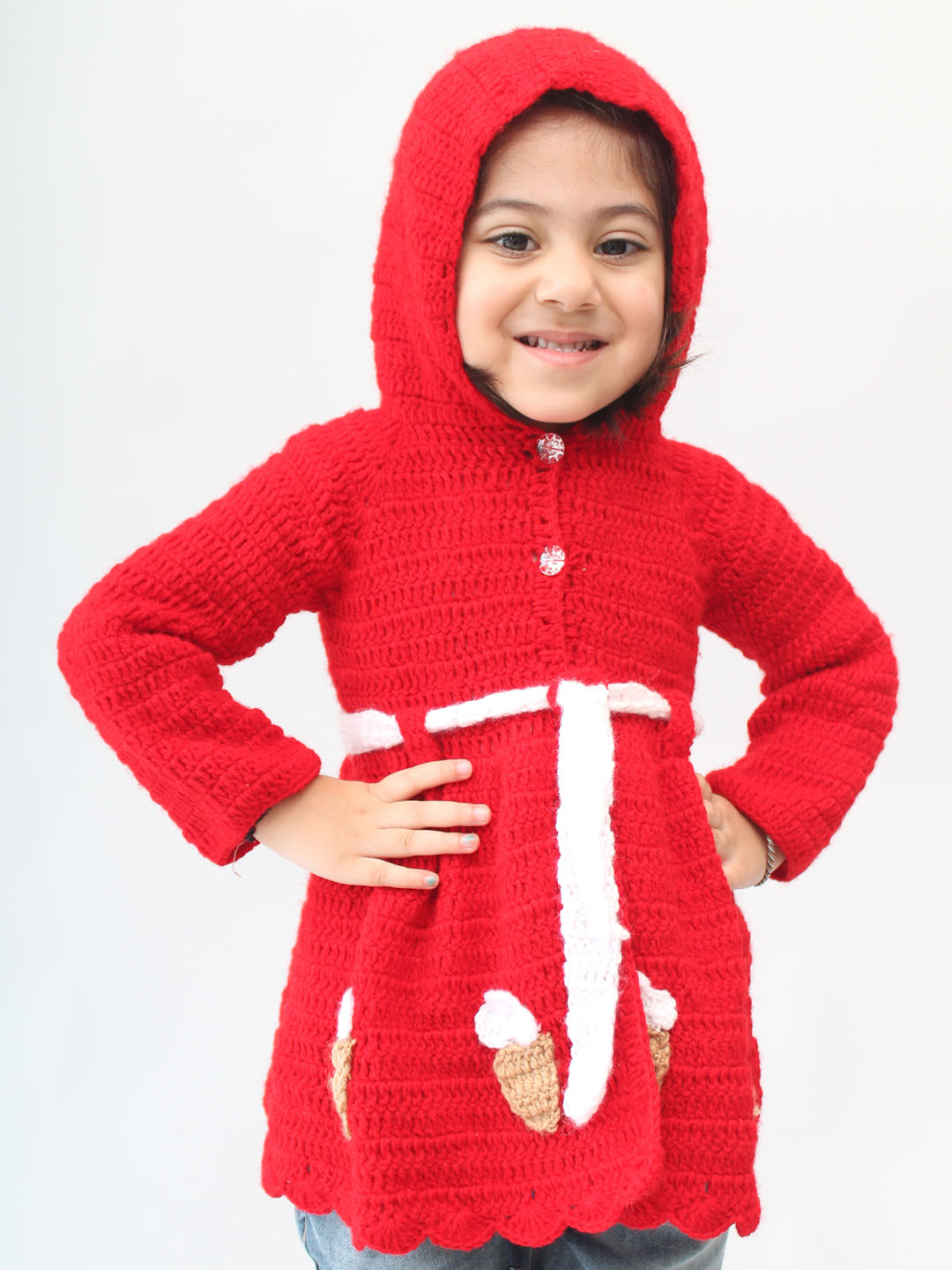 Handmade Crochet Ice-cream Dress with Hooded Pom Pom - Red