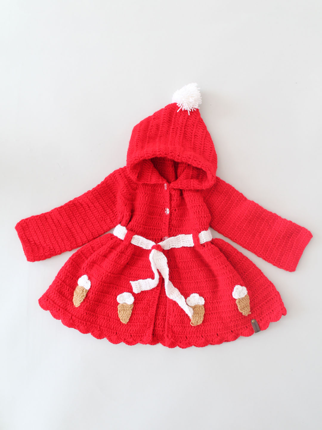 Handmade Crochet Ice-cream Dress with Hooded Pom Pom - Red