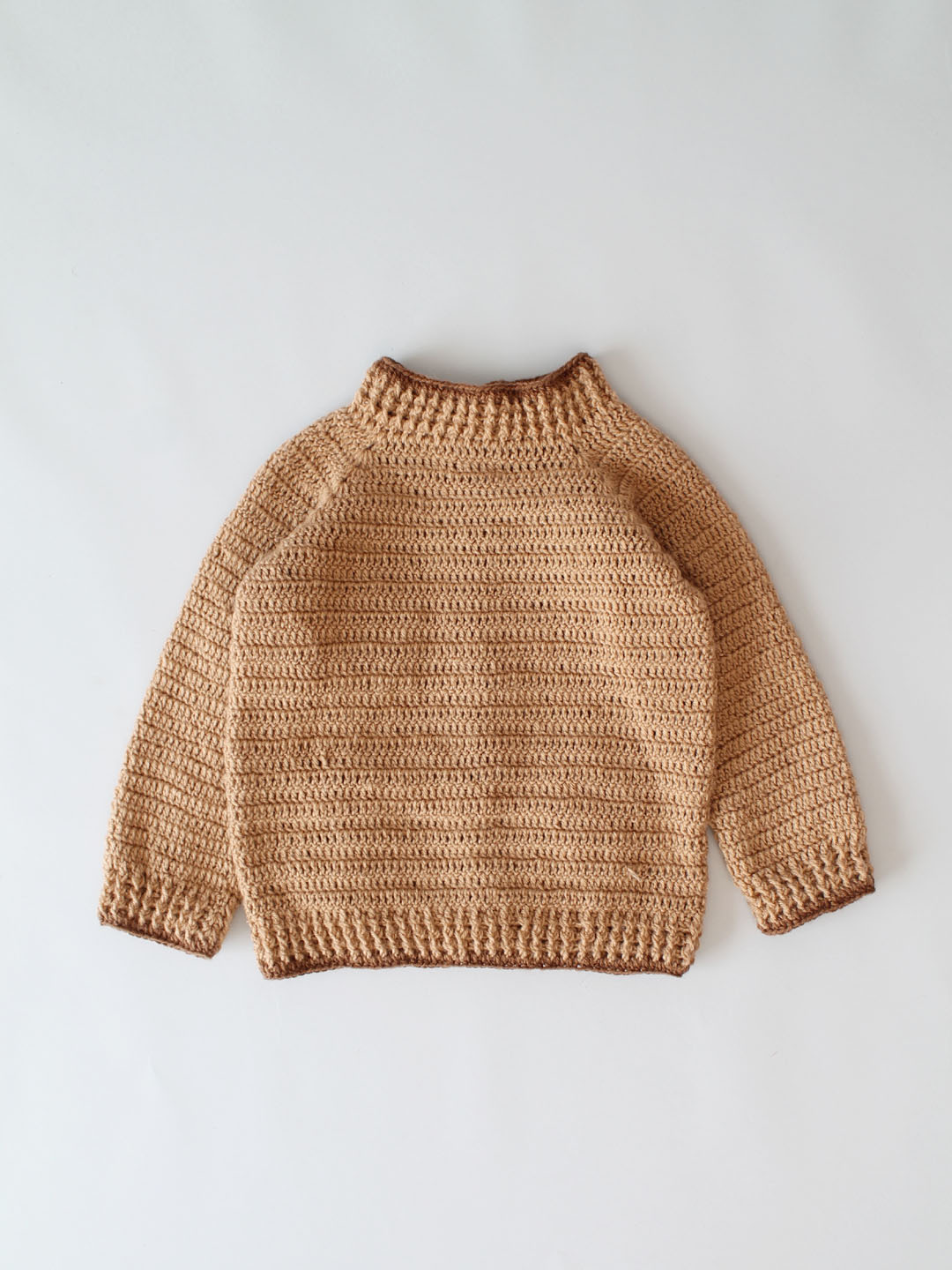 Handmade Crochet Kiwi Sweater with Ribbed Border - Brown