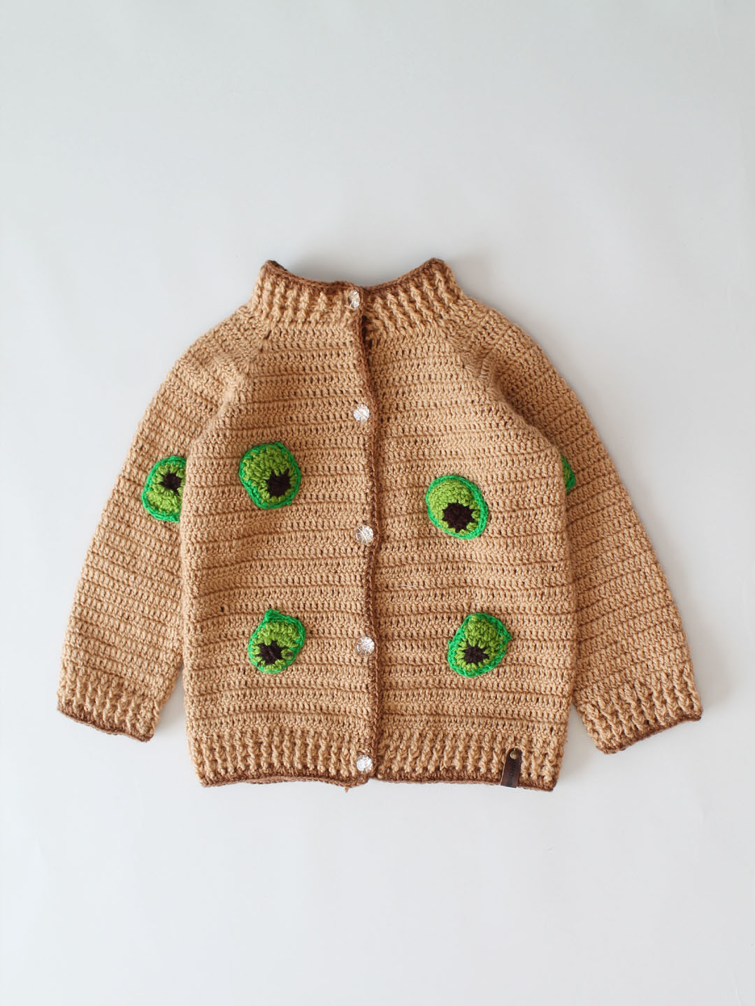 Handmade Crochet Kiwi Sweater with Ribbed Border - Brown