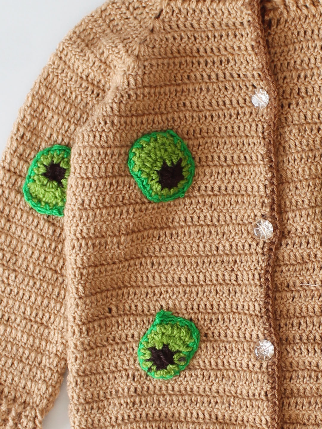 Handmade Crochet Kiwi Sweater with Ribbed Border - Brown