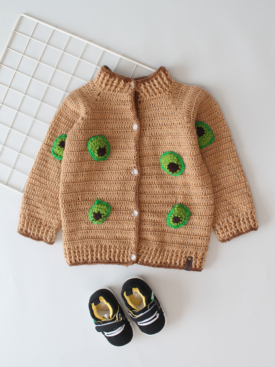 Handmade Crochet Kiwi Sweater with Ribbed Border - Brown