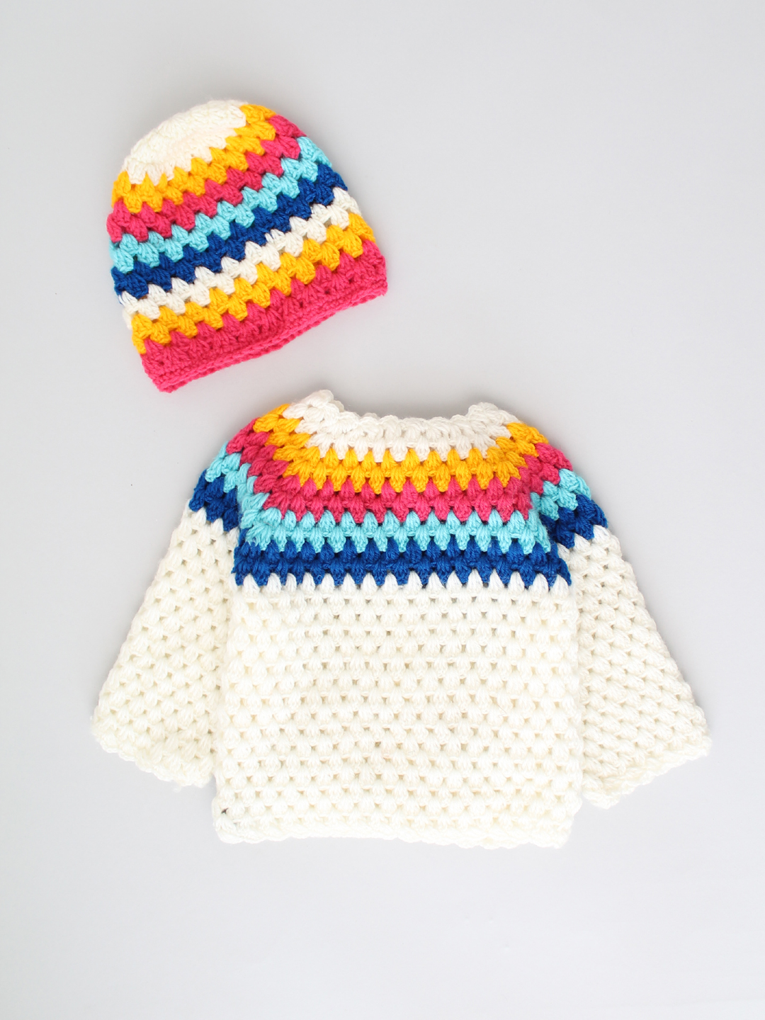 Handmade Crochet Moss Stitch Sweater with Cap - Cream