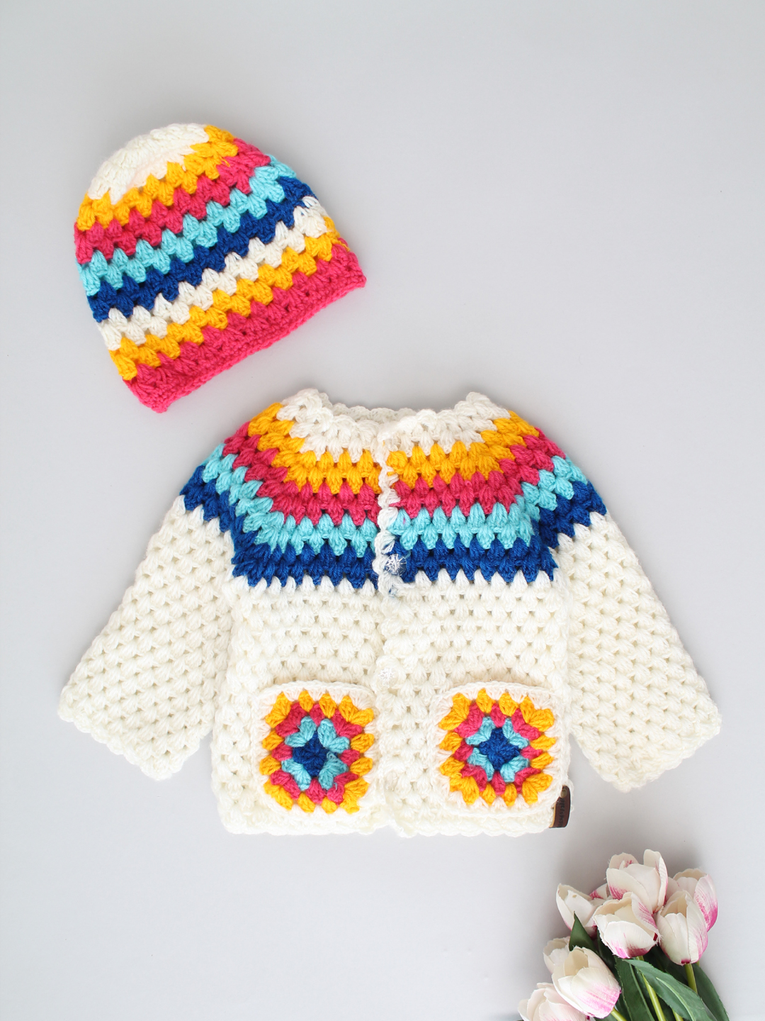 Handmade Crochet Moss Stitch Sweater with Cap - Cream