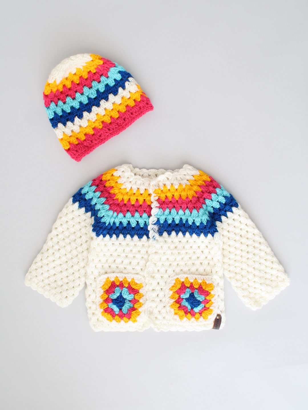 Handmade Crochet Moss Stitch Sweater with Cap - Cream