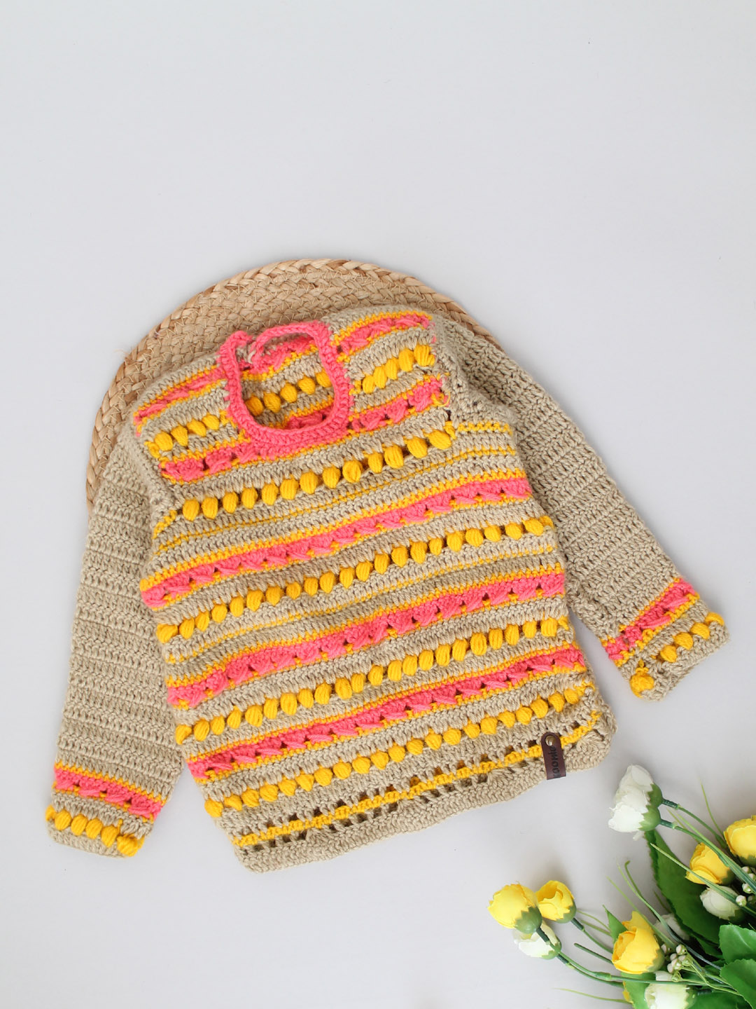 Handmade Crochet Multi Stitch Stripe Sweater - Beige