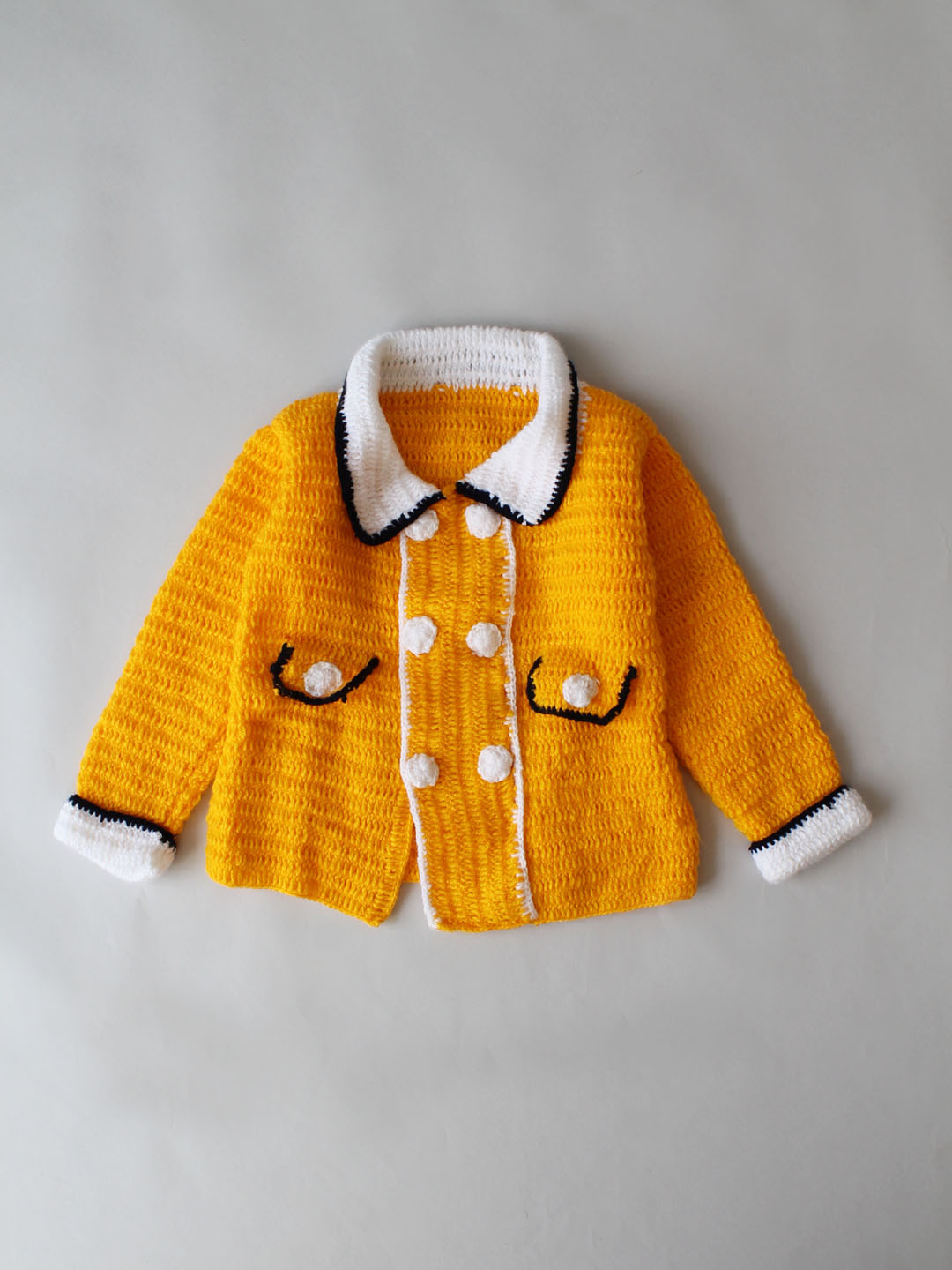 Handmade Crochet Overcoat Type Sweater with Collar - Yellow