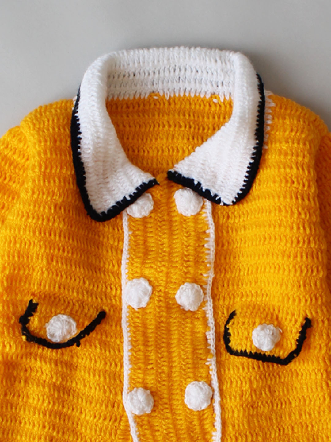Handmade Crochet Overcoat Type Sweater with Collar - Yellow