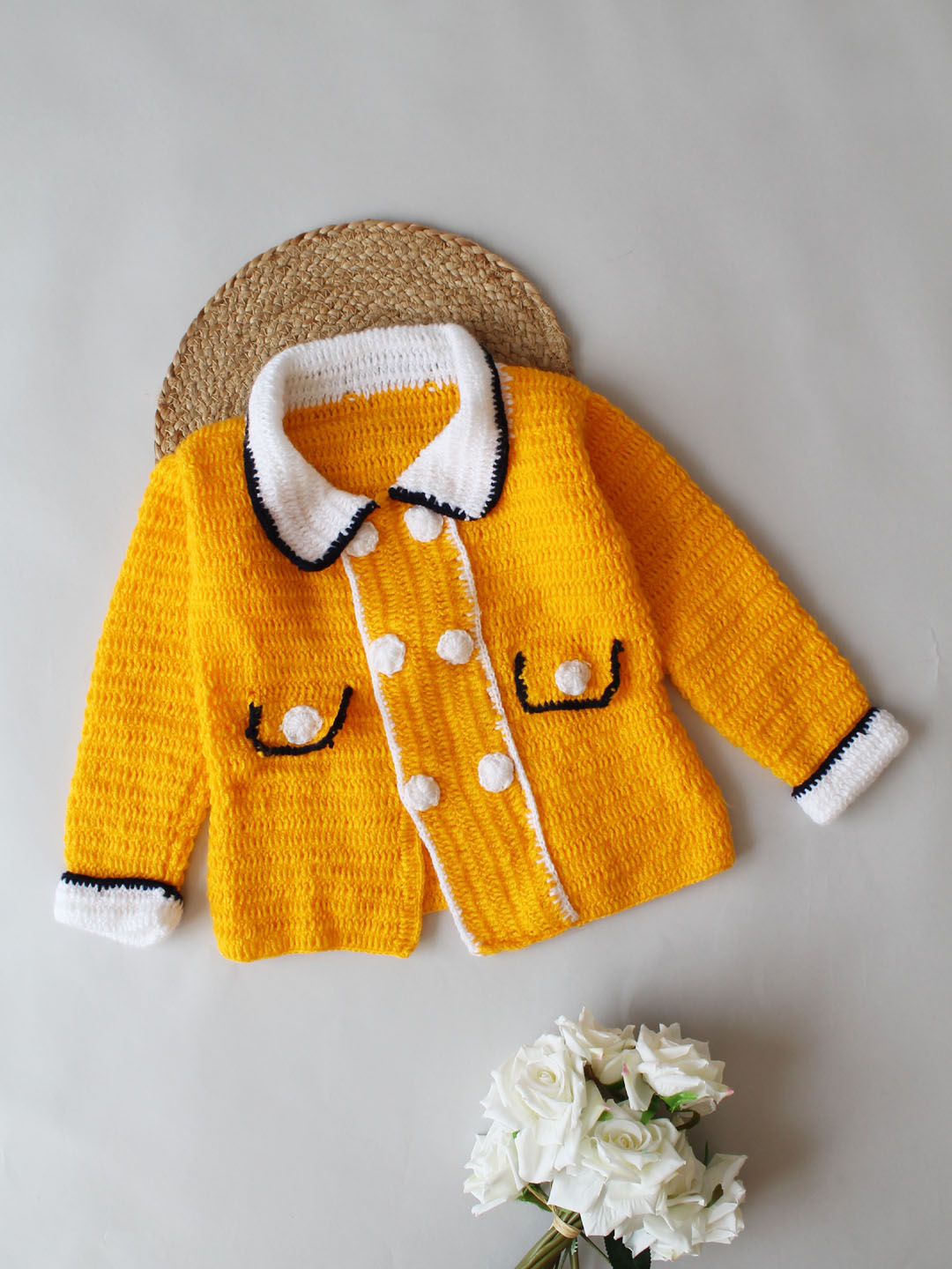 Handmade Crochet Overcoat Type Sweater with Collar - Yellow