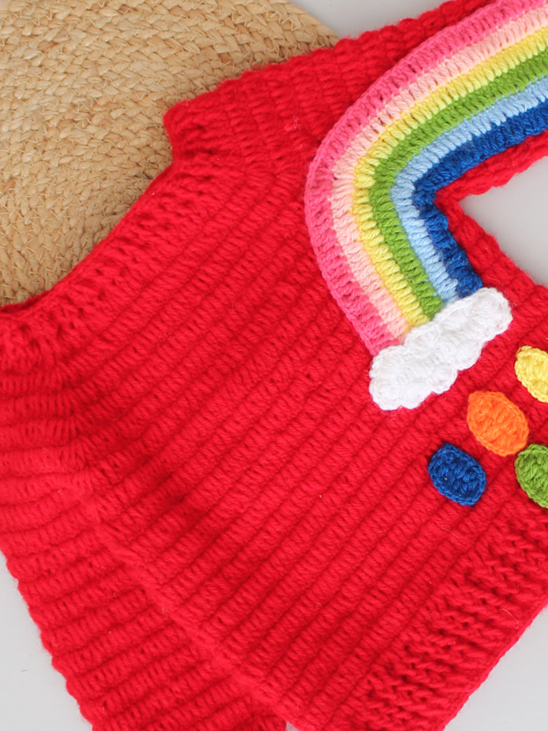 Handmade Crochet Rainbow Detailing Sweater - Red