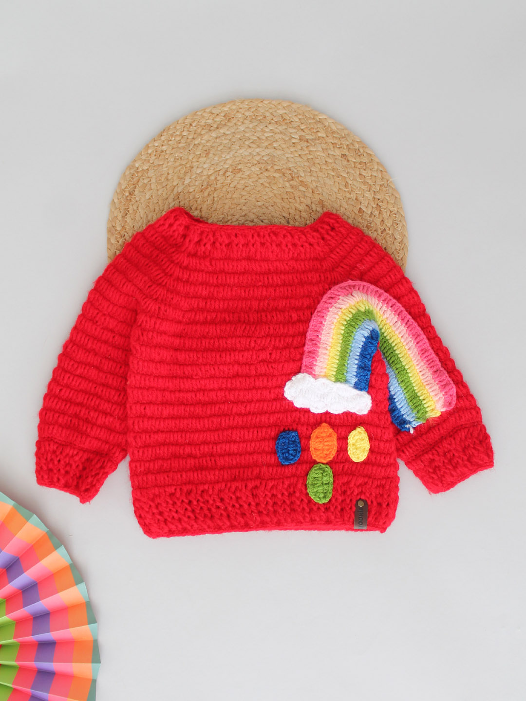 Handmade Crochet Rainbow Detailing Sweater - Red