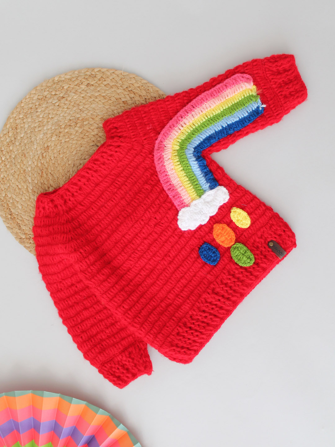 Handmade Crochet Rainbow Detailing Sweater - Red