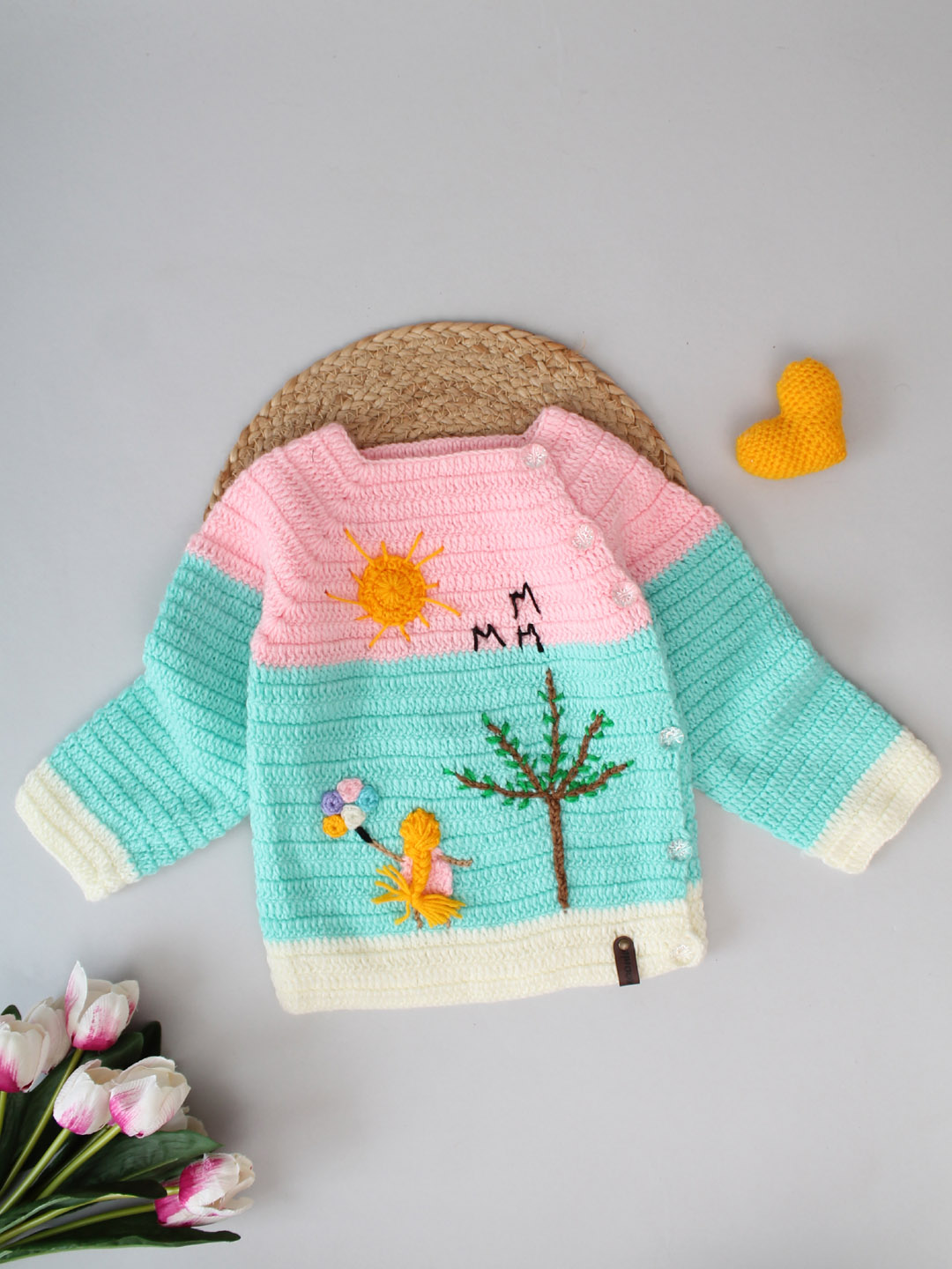 Handmade Crochet Scene Winter Sweater - Turquoise