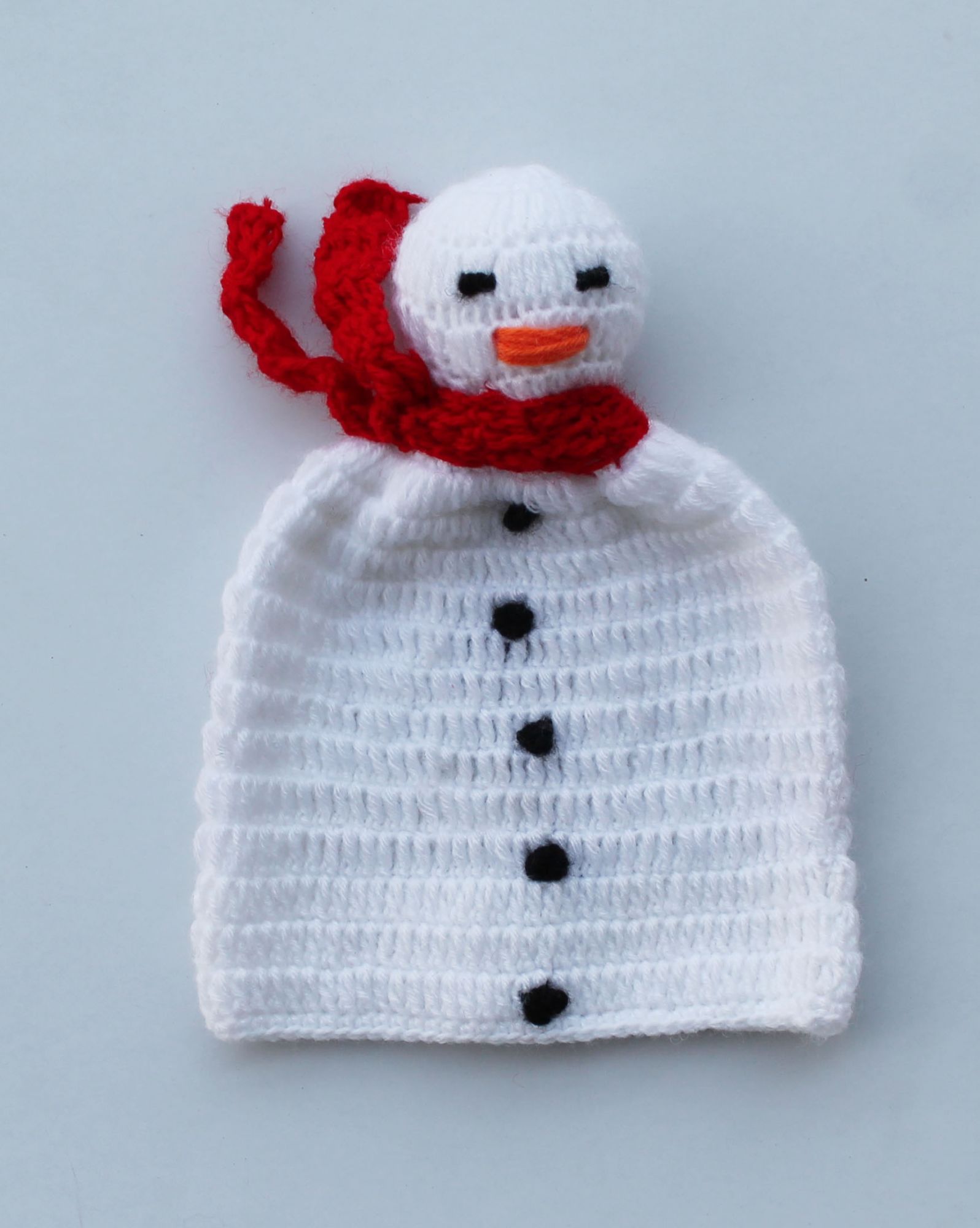Handmade Crochet Snowman Pattern Cap for Kids - White Woonie
