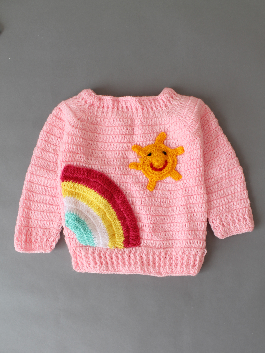Handmade Crochet Sun & Rainbow Sweater for Kids - Pink