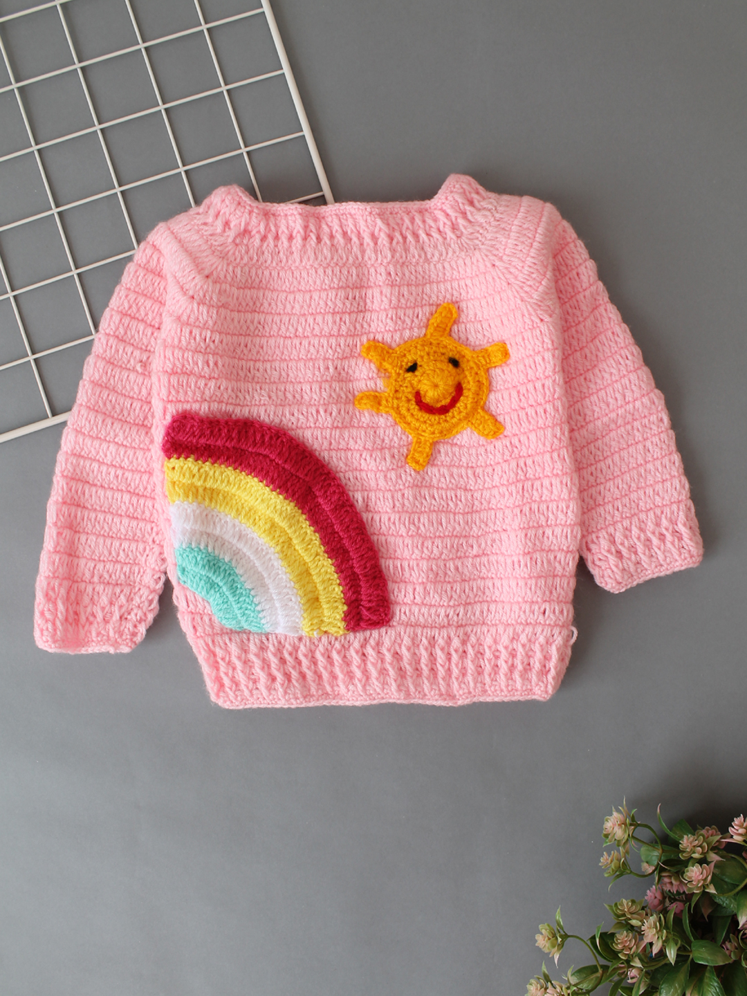 Handmade Crochet Sun & Rainbow Sweater for Kids - Pink