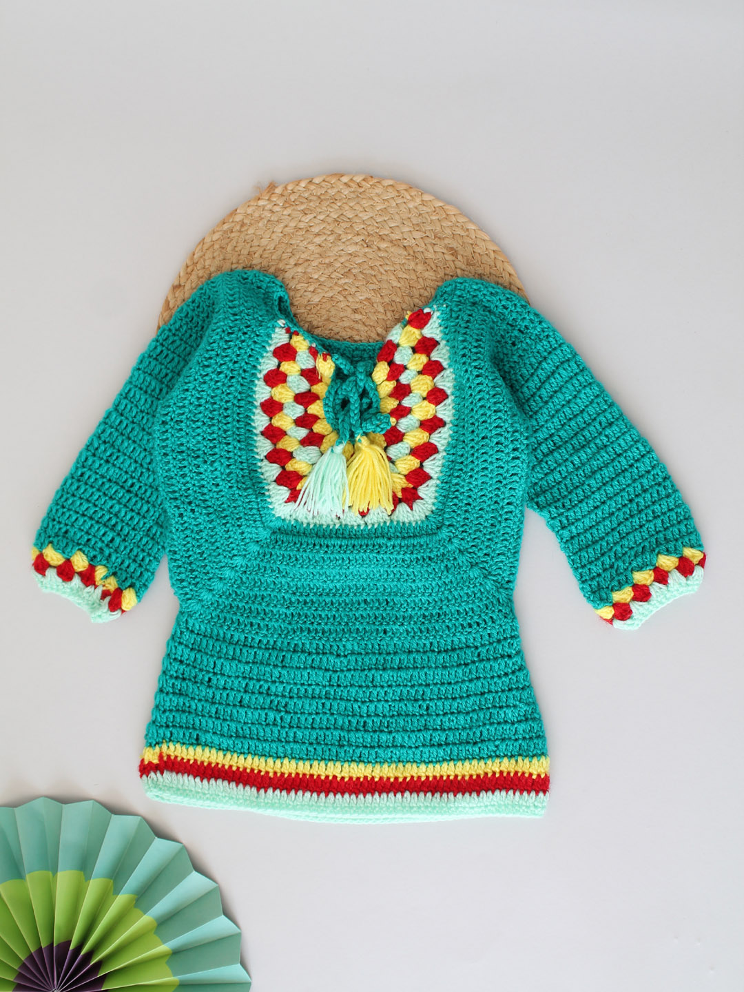 Handmade Crochet Sweater with Draw String Neckline - Green