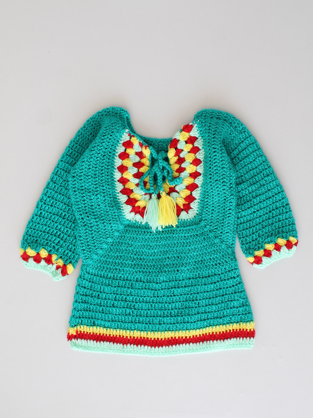 Handmade Crochet Sweater with Draw String Neckline - Green