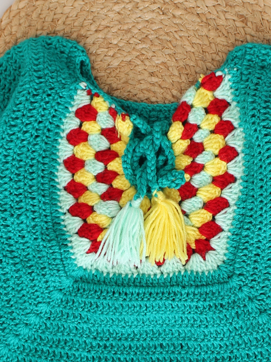 Handmade Crochet Sweater with Draw String Neckline - Green