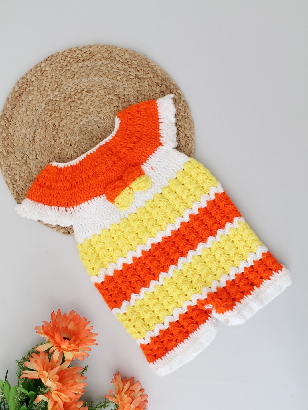 Handmade Crochet Winter Romper for Newborn with Bow - Multi