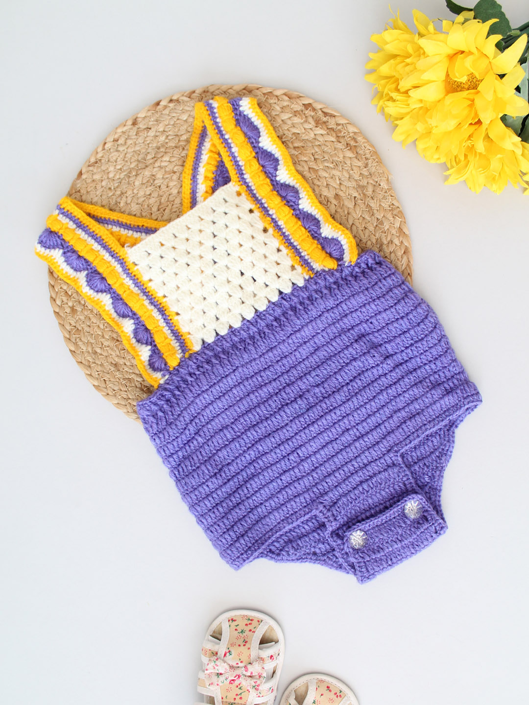 Handmade Crochet Woolen Strappy Fancy Romper - Purple