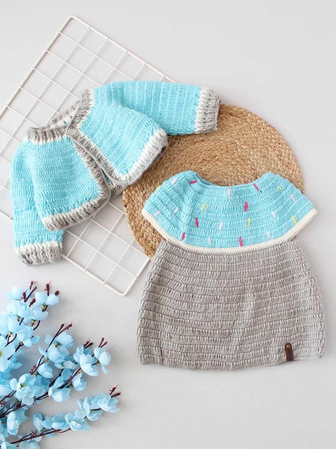 Handmade Crochet Woollen Frock with Shrug - Blue